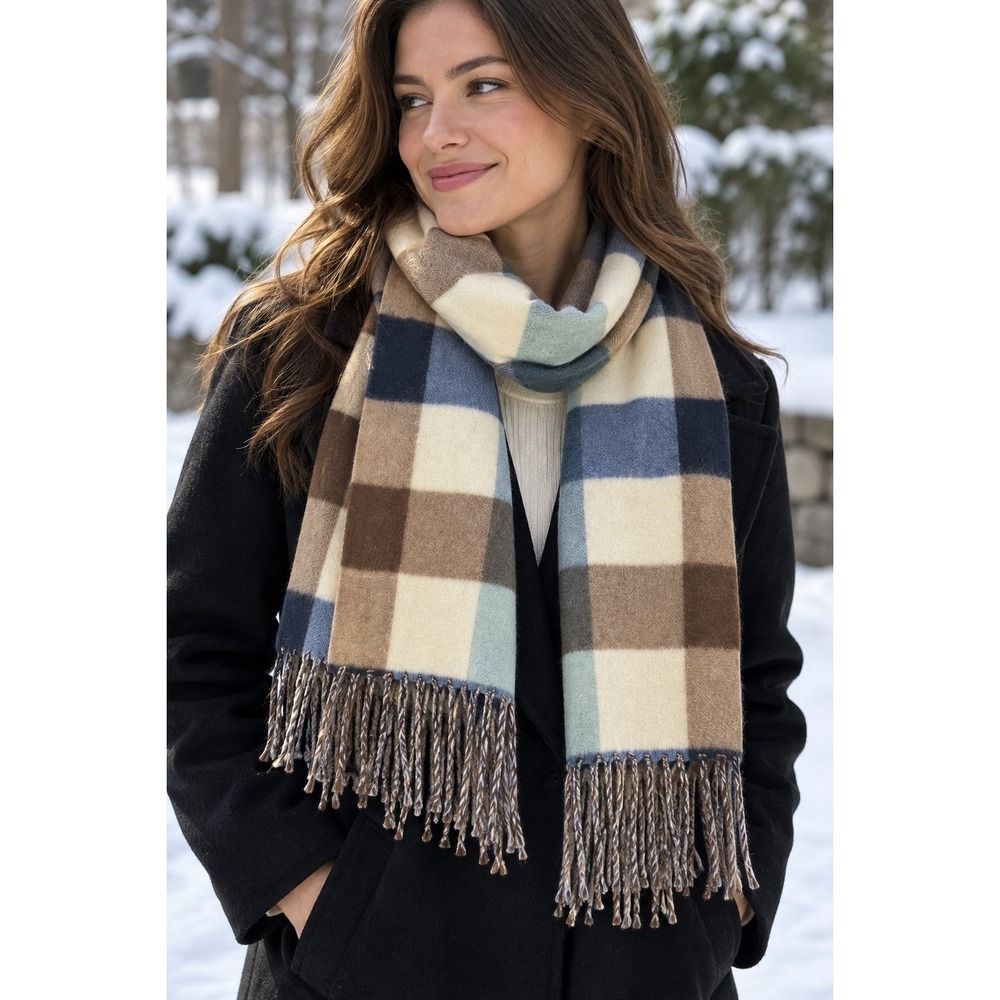 Royal Rossi 100% Cashmere Scarf Plaid Blue Tan Cream Inner Mongolia Fringe